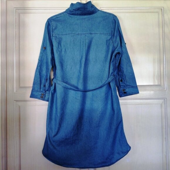 Vanilla Bay Chambray Denim 3/4 Sleeve Button Shirt Short Dress w/Scarf SZ LG EUC - Picture 9 of 11